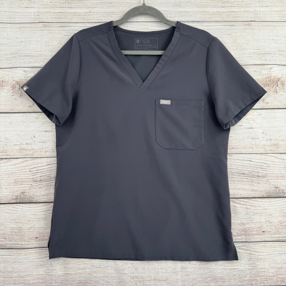 FIGS Catarina Scrub Top Womens Medium Charcoal Gray V-Neck One-Pocket FW1000